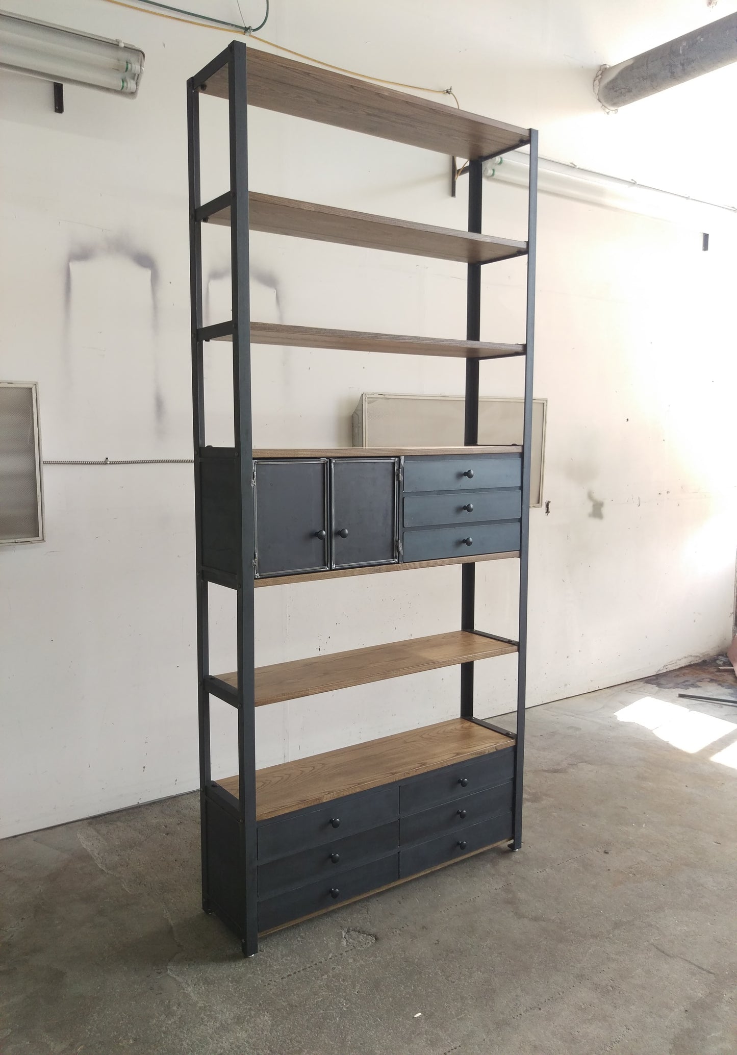 Ash Plank Industrial Tall Bookcase With Cabinets