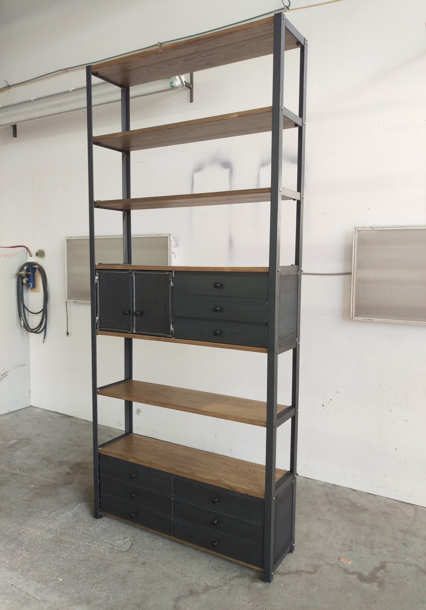 Ash Plank Industrial Tall Bookcase With Cabinets