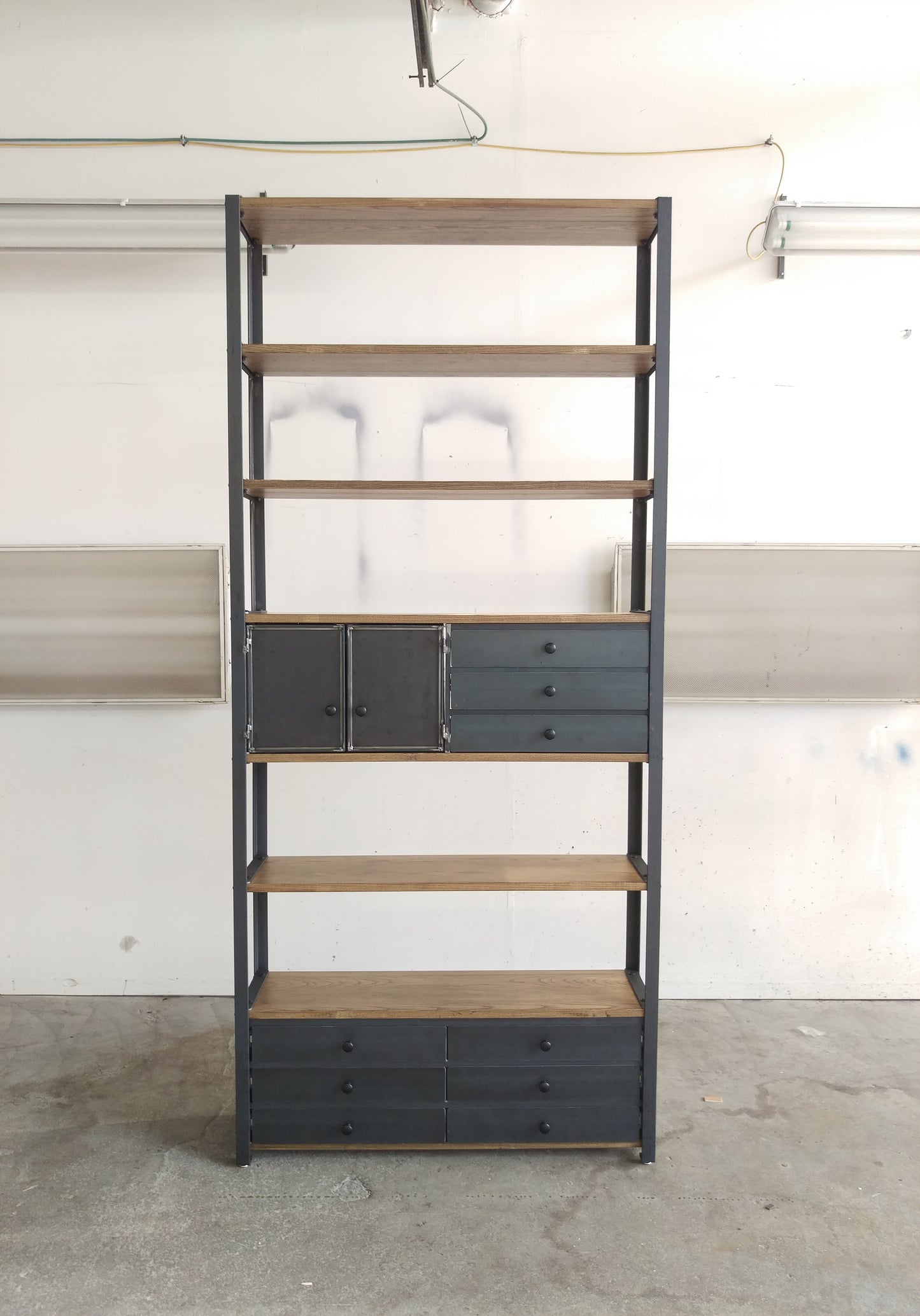 Ash Plank Industrial Tall Bookcase With Cabinets