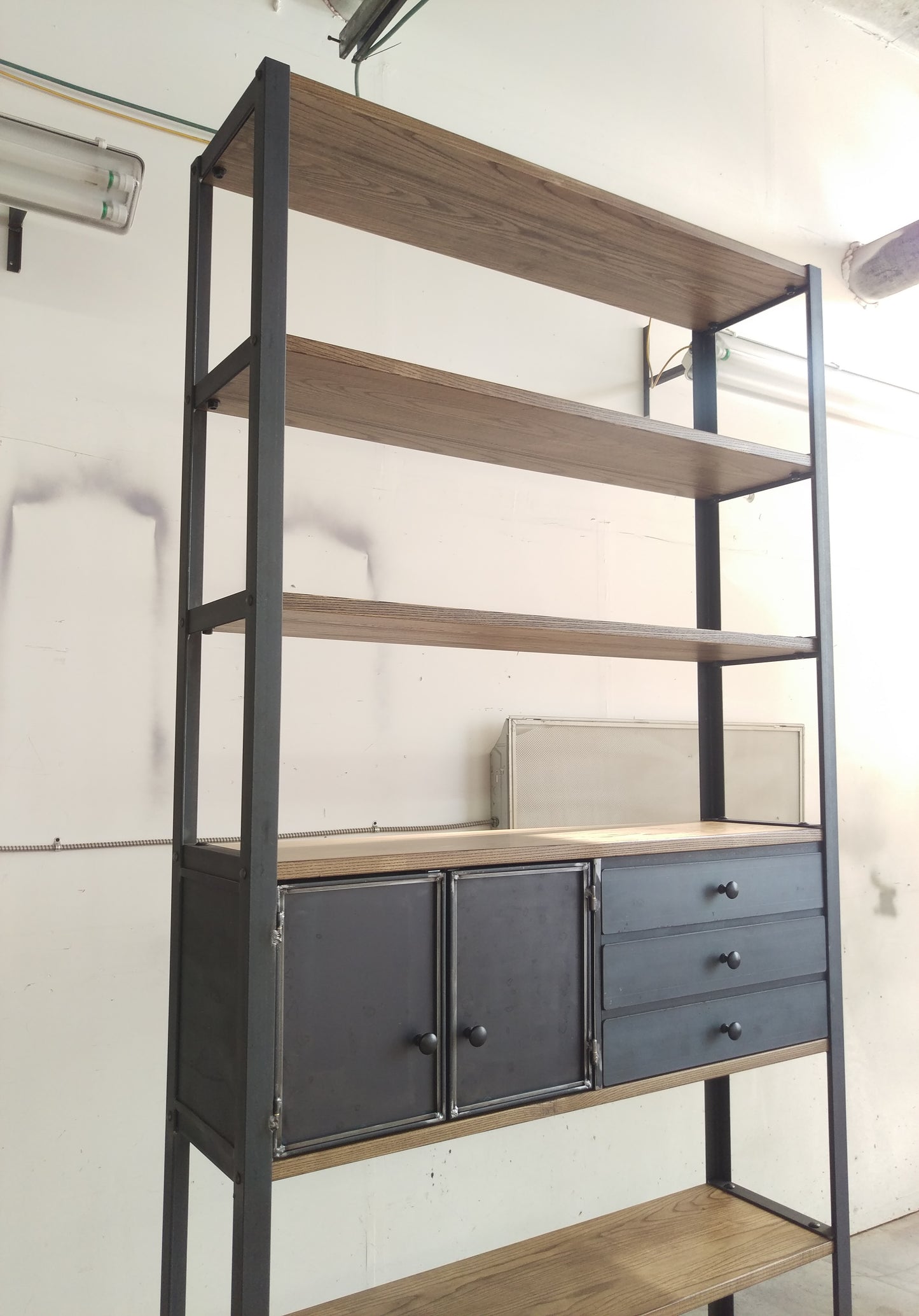 Ash Plank Industrial Tall Bookcase With Cabinets