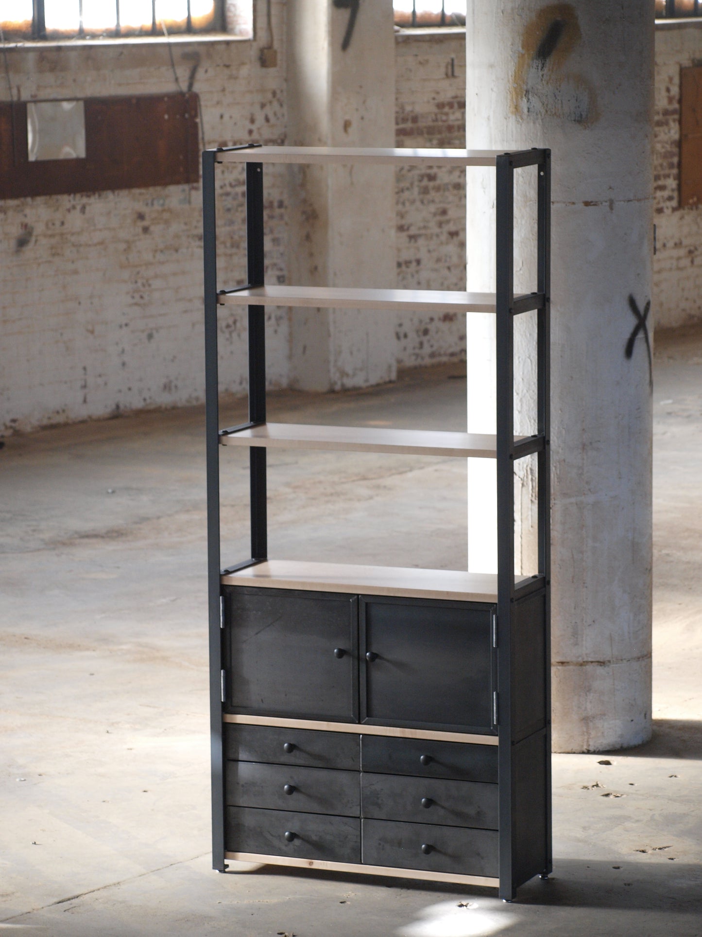 Maple Plank Industrial Bookcase With Cabinets