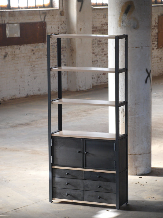 Maple Plank Industrial Bookcase With Cabinets