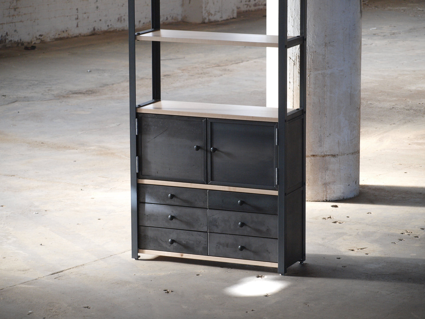 Maple Plank Industrial Bookcase With Cabinets