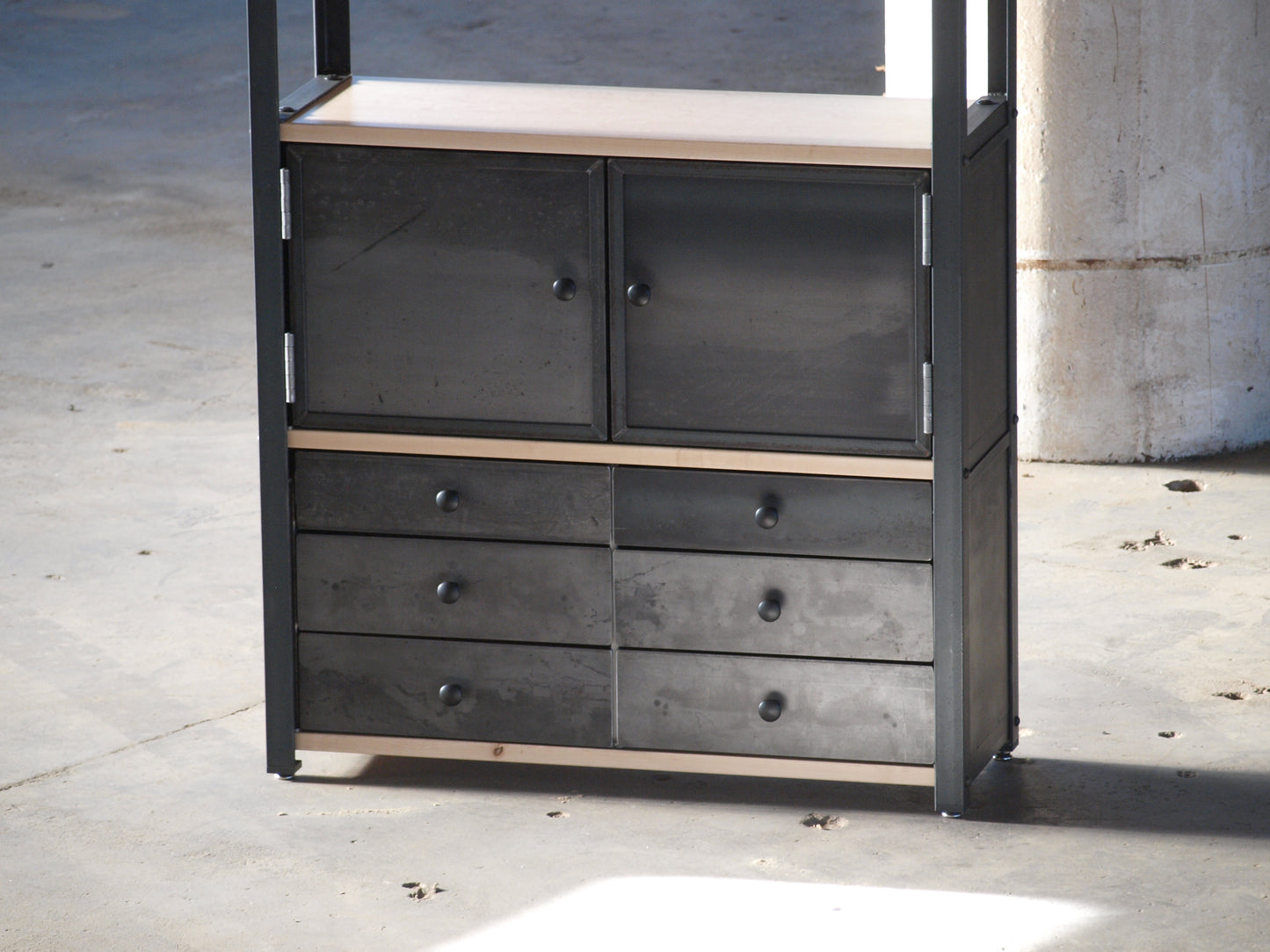 Maple Plank Industrial Bookcase With Cabinets