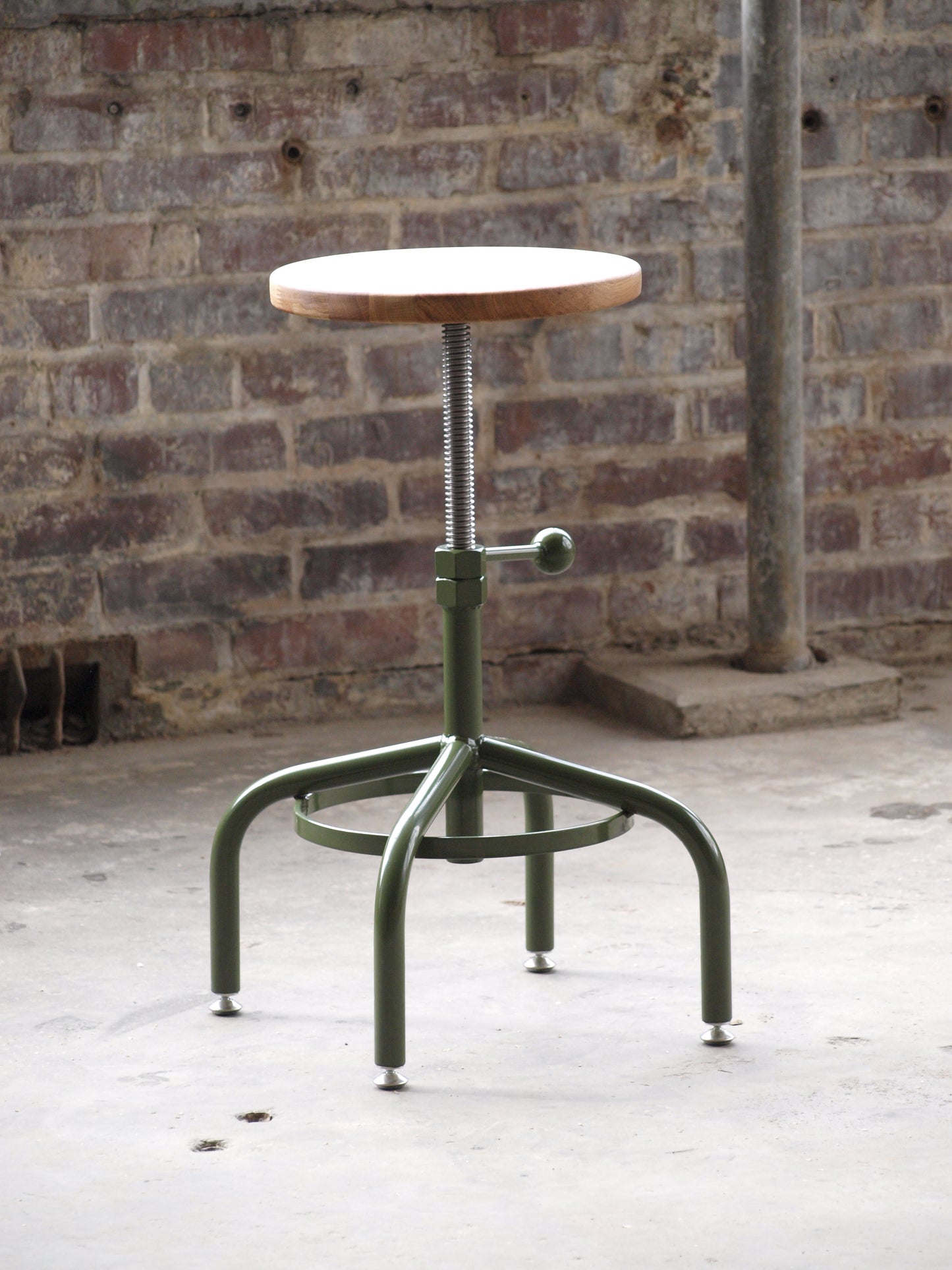 Oak Adjustable Height Stool Factory Green Base