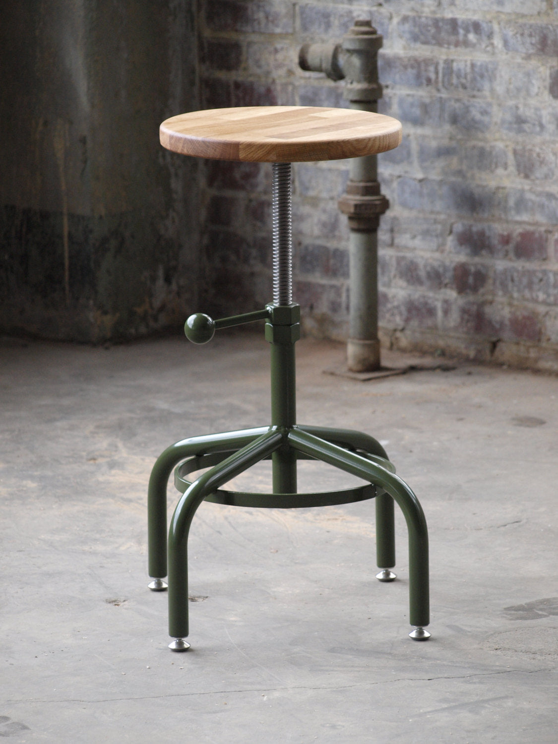 Oak Adjustable Height Stool Factory Green Base