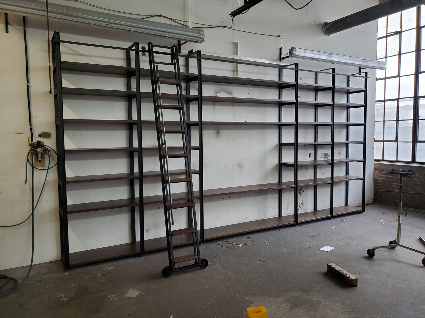 Large Modern Industrial Bookcase Shelving Unit with Sliding Library Ladder