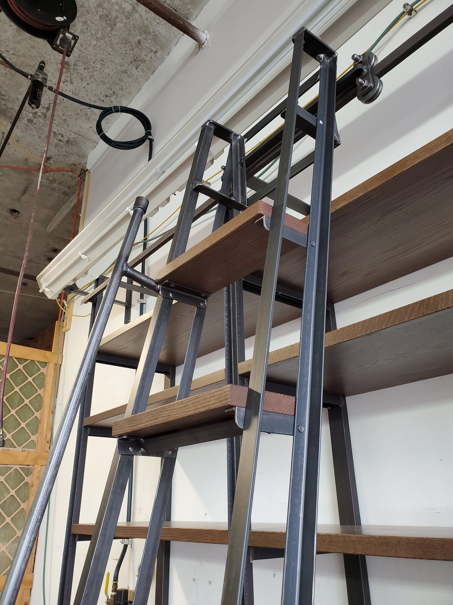 Large Modern Industrial Bookcase Shelving Unit with Sliding Library Ladder
