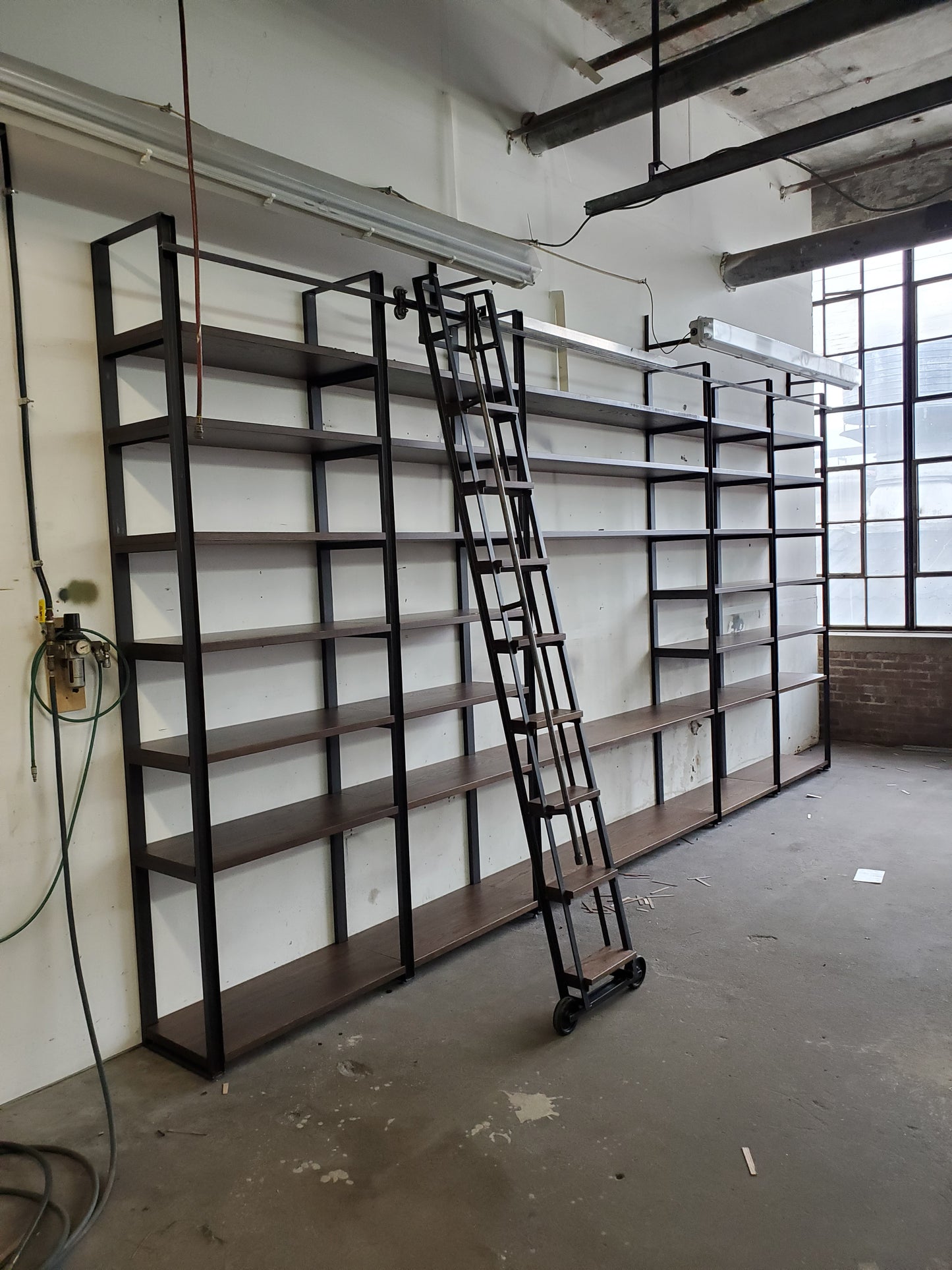 Large Modern Industrial Bookcase Shelving Unit with Sliding Library Ladder