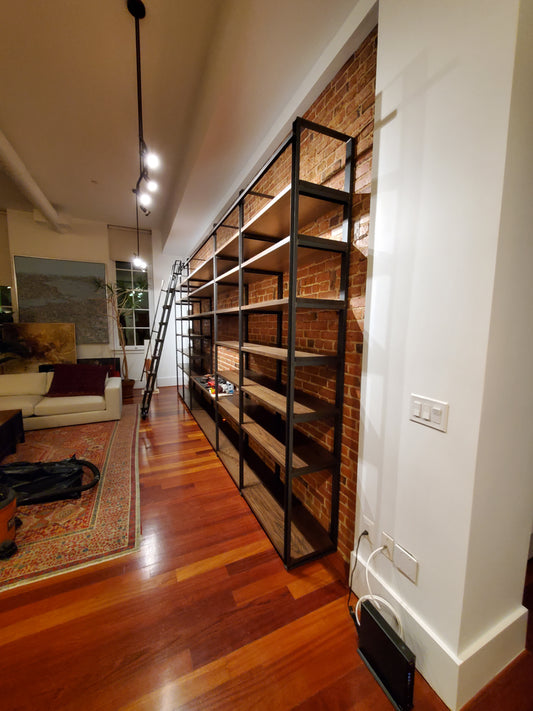 Large Modern Industrial Bookcase Shelving Unit with Sliding Library Ladder