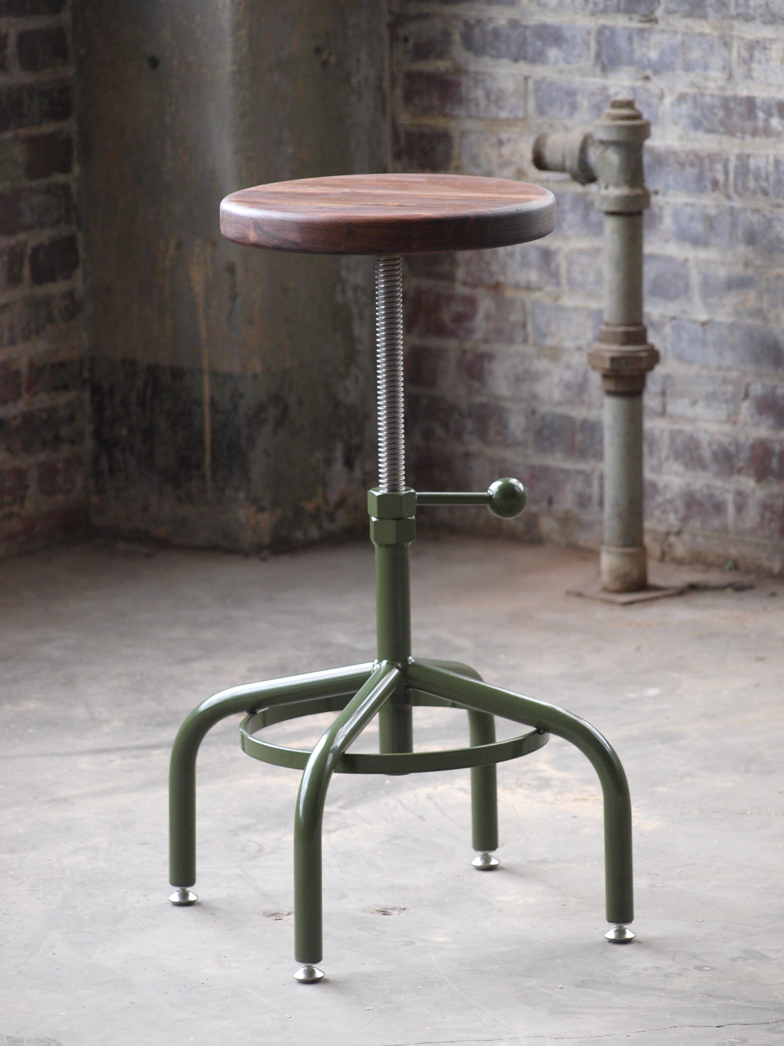 Kitchen Walnut Adjustable Height Stool Factory Green Base – Campos Iron ...